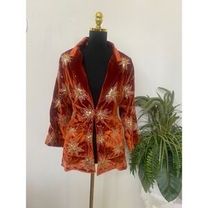 Lenni Embroidered Sequin Burnt Orange Velvet Open Front Jacket Size S EUC! $250